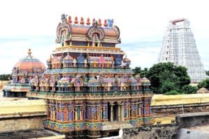 Temple with colorful stucco images of gods, goddesses and animals