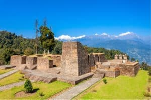 Royal Rabdentse Palace near Pelling overlooking the valley of Himalaya mountain and the remains with the king’s bedroom and kitchen visible. A must-see tourist attraction.