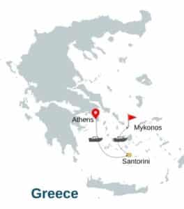 Athens, Santorini, Mykonos map