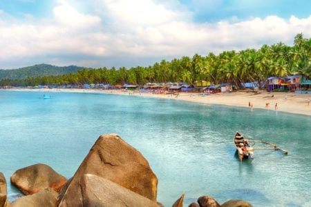 Goa's most popular beach, Palolem Beach, with white sands and coconut palms Palolem Beach, Goa’s most popular beach with white sands and coconut palms