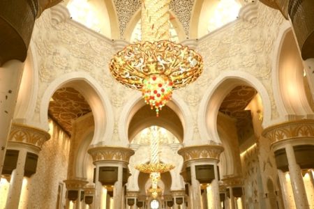 One of the world’s largest crystal chandeliers inside the Grand Mosque