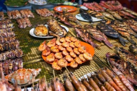Grilled seafood in the market in Kota Kinabalu, Sarawak